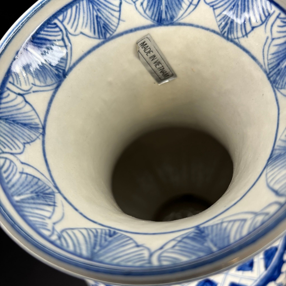 Polished Ceramic Blue and White Floral Design Vase 13” - Picture 4 of 8